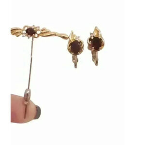 Vintage Garnet Stick Pin Earrings Set Clip Birthstone Gold CZ Crystal